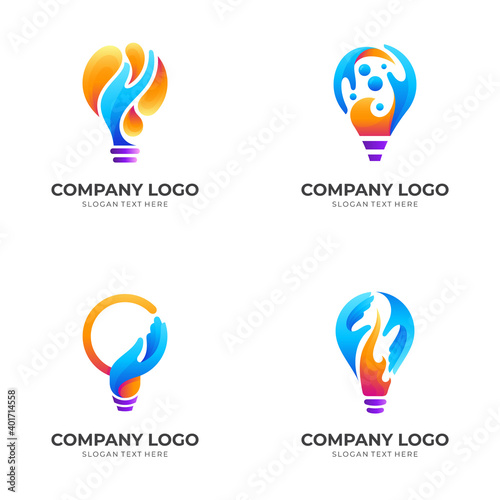 set bulb care logo, bulb and hand, combination logo with 3d colorful style