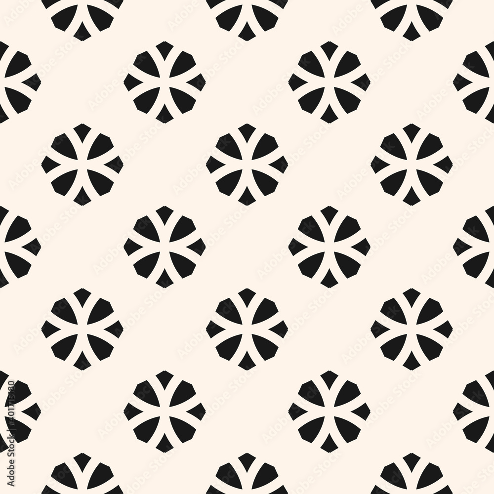 Vector geometric floral seamless pattern. Simple monochrome ornament with flower silhouettes, diamonds. Abstract ornamental black and white background. Repeat design for decor, print, wallpaper, cloth Vector geometric floral seamless pattern. Simple monochrome ornament with flower silhouettes, diamonds. Abstract ornamental black and white background. Repeat design for decor, print, wallpaper, cloth