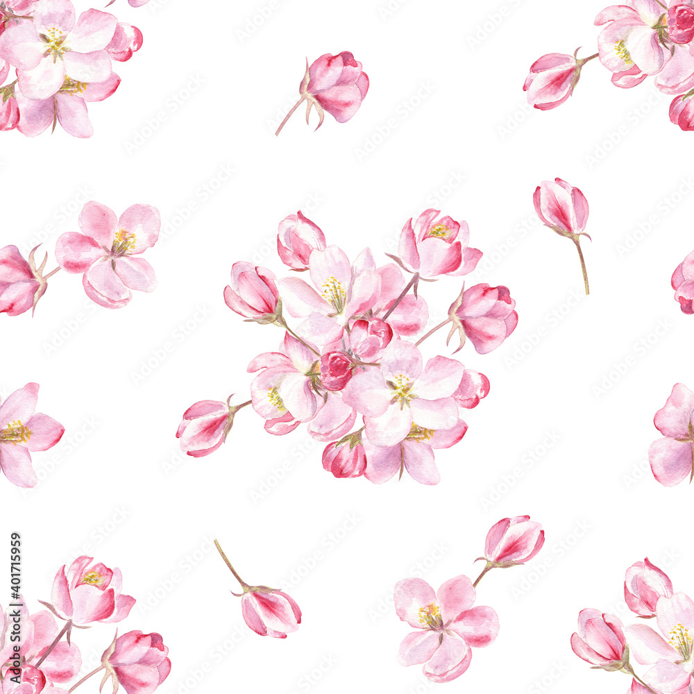 Seamless pattern with gentle floral ornament of apple blossom. Watercolor hand-drawn elements. Ideal for fabric, bedclothes and wrapping paper. 