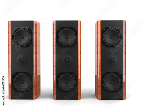 Three modern big music speakers with wood side panels