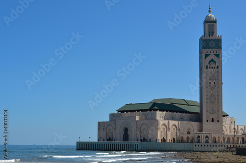 Seafront view of the Hassan II Mosque by the Atlantic Ocean in Casablanca, Morocco