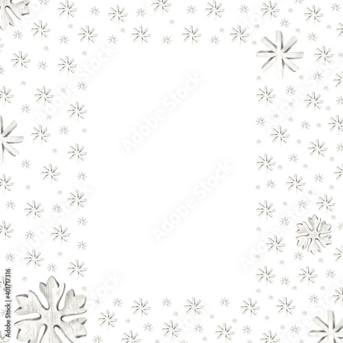 Christmas frame with snowflakes. New year's theme. Pencil isolated illustration on a white background. Illustration for postcards, posters, textile design and other things.