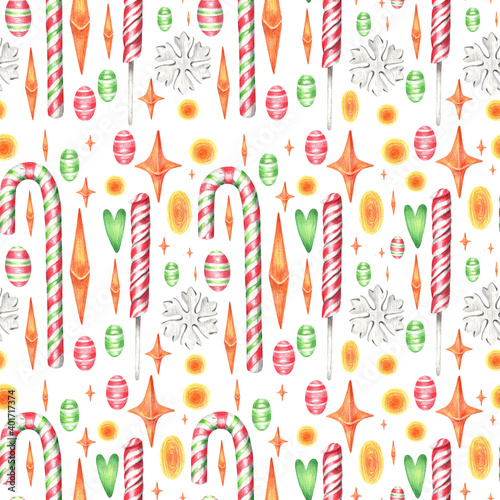 Christmas pattern with candy. New year's theme. Pencil isolated illustration on a white background. Seamless pattern, illustration for postcards, posters, textile design and other things.