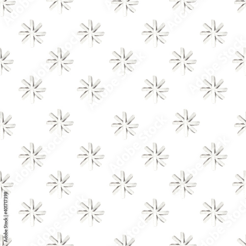 Christmas pattern with snowflakes. New years theme. Pencil isolated illustration on a white background. Seamless pattern, illustration for postcards, posters, textile design and other things.