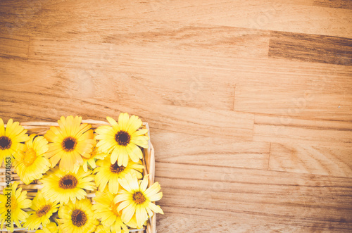 A top view of yellow gerbera flowers on a wooden background - still life photography photo