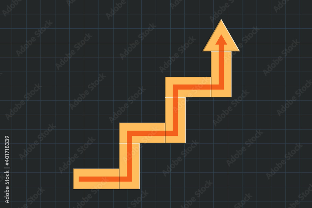 Orange blocks stacking as step stairs with a red arrow up. Vector illustration. Orange blocks stacking as step stairs with a red arrow up. Vector illustration.