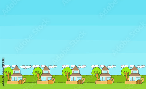Fototapeta Naklejka Na Ścianę i Meble -  traditional village with blue sky, trees and grass. countryside concept, fresh air. hand drawn vector. nature background. doodle for wallpaper, cover, banner, poster, backdrop, advertisement.