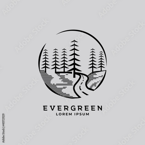  Pines Tree Forest and Road Way vintage logo design vector template