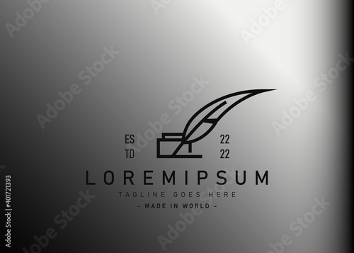 Feather pen with ink bottle logo design. Vector illustration of creative abstract of feather pen and ink bottle. Modern logo design with line art style.