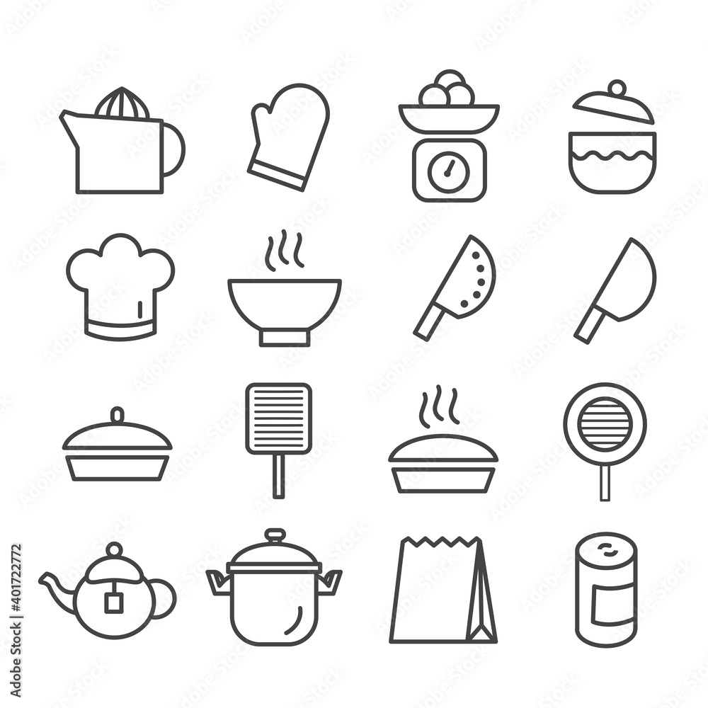 Set of minimal kitchen tools or cooking icon isolated modern outline on white background Set of minimal kitchen tools or cooking icon isolated modern outline on white background