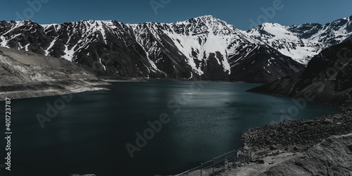 Impressive horizontal photo of the Embalse El Yeso, located in San Jose de Maipo known as El Cajon del Maipo in the Andes Mountains, Chilean Patagonia
