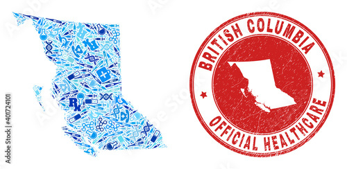 Vector mosaic British Columbia map with vaccine icons, test symbols, and grunge health care seal. Red round imprint with scratched rubber texture and British Columbia map caption and map.