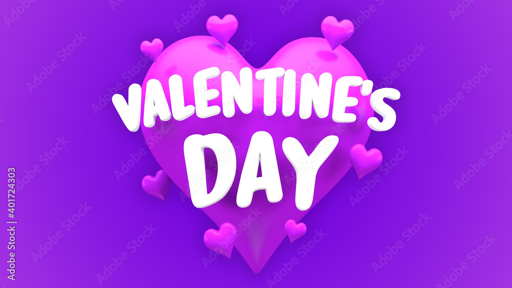 Violet heart on purple background with Valentine's Day text. Three-dimensional illustration