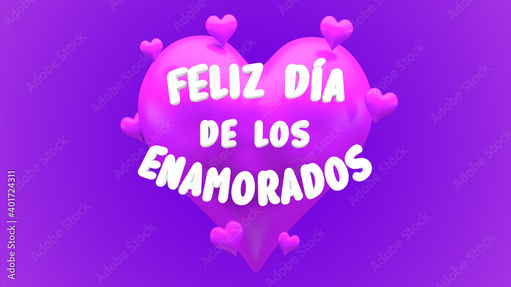 Violet heart on purple background with Valentine's Day text. Loves Day in Spanish. Three-dimensional illustration
