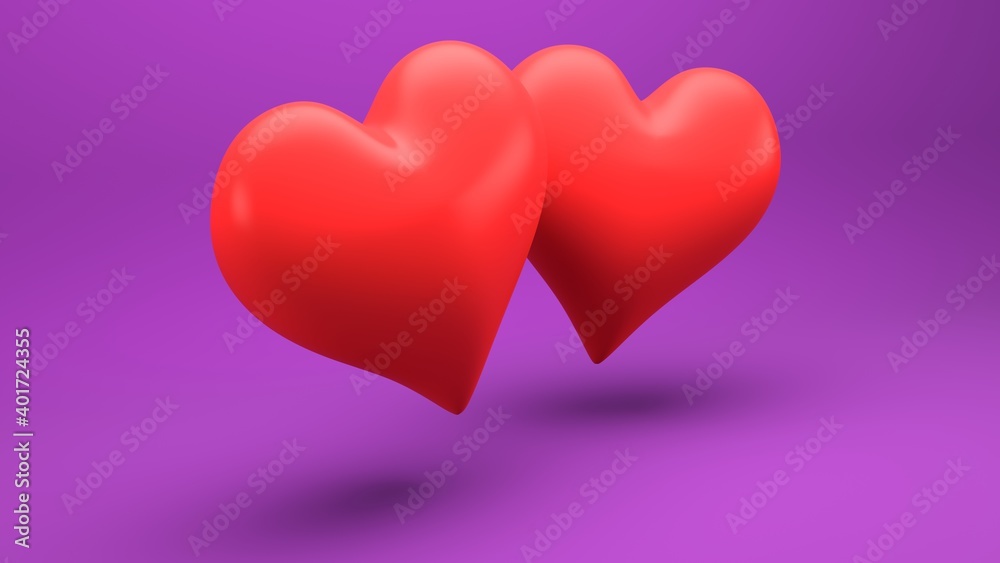 Two red hearts floating on a purple background. Three-dimensional illustration.
