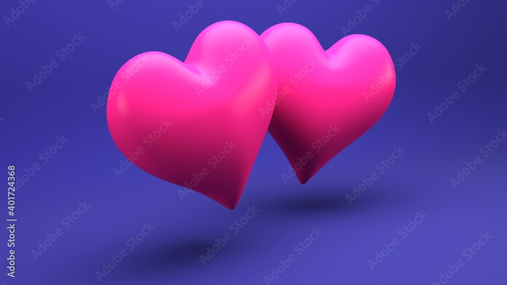Two pink hearts floating on a blue background. Three-dimensional illustration.