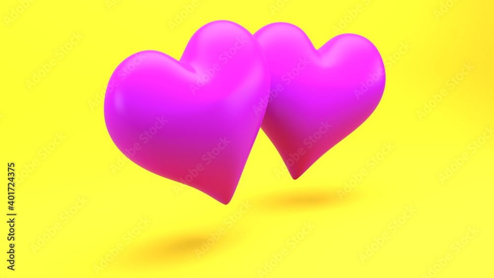 Two violet hearts floating on a yellow background. Three-dimensional illustration.