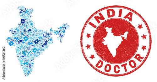 Vector mosaic India map with treatment icons, hospital symbols, and grunge doctor seal. Red round watermark with grunge rubber texture and India map text and map.