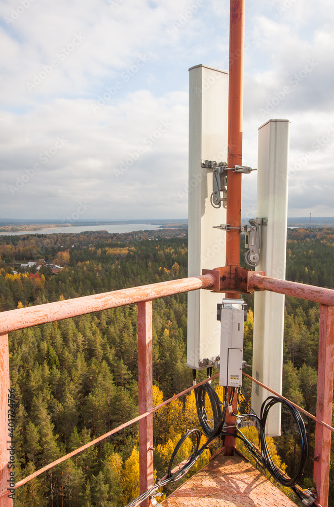 Cellular microwave system. 3G, 4G sector antennas and transceiver unit based on telecommunication tower metal construction. Autumn pine tree forest and blue epic sky background.