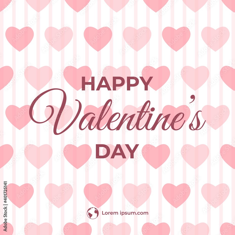 Editable square banner design. Happy valentine's day banner. Pink heart pattern illustration with stripe line background. Usable for social media and banners. Flat design vector isolated.