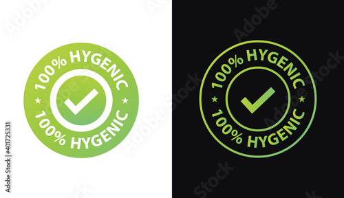 100% hygienic icon stamp set, hundred percent hygienic vector illustration, green colored emblem, line art