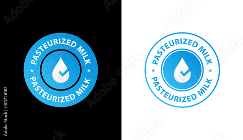 pasteurized milk vector symbol, blue stamp with milk drop and tick mark