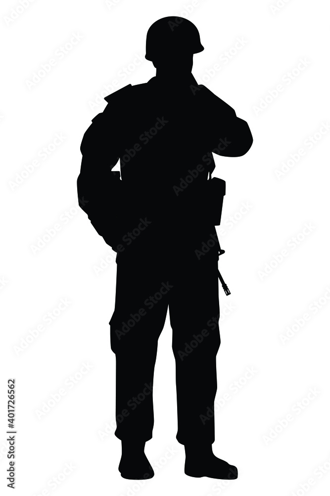 Standing soldier silhouette vector, military concept. Standing soldier silhouette vector, military concept.