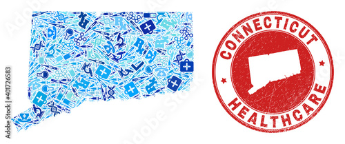 Vector collage Connecticut State map with medical icons, analysis symbols, and grunge healthcare rubber imitation.