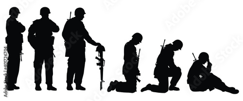 Set of sad soldiers silhouette vector, military concept.