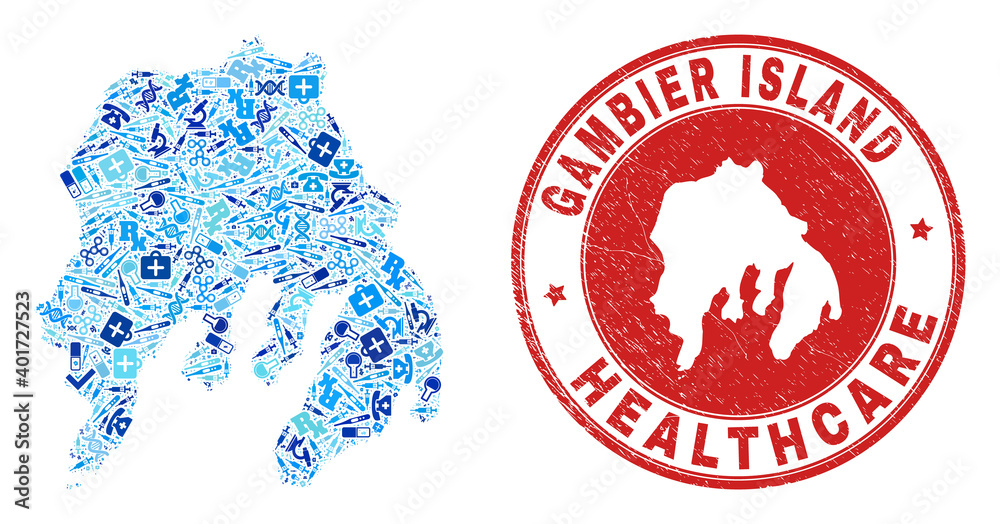 Vector collage Gambier Island map with injection icons, first aid