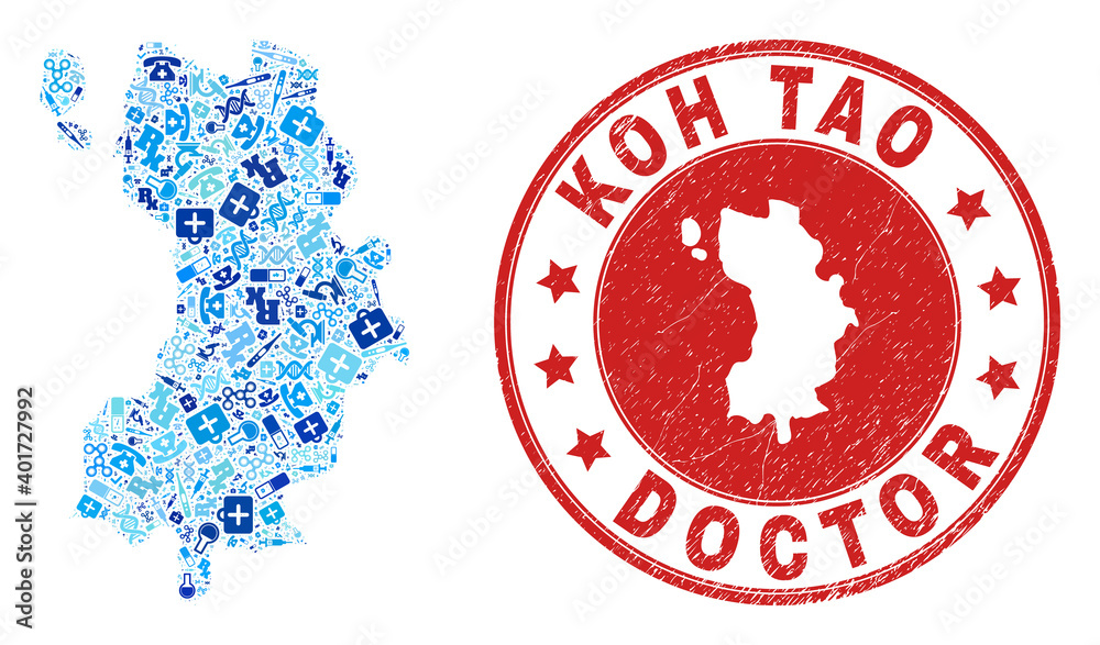 Vector mosaic Koh Tao map with healthcare icons, analysis symbols, and grunge healthcare rubber imitation. Red round seal with grunge rubber texture and Koh Tao map text and map. Vector mosaic Koh Tao map with healthcare icons, analysis symbols, and grunge healthcare rubber imitation. Red round seal with grunge rubber texture and Koh Tao map text and map.