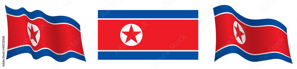 flag of DPRK, North Korea in static position and in motion, fluttering in wind in exact colors and sizes, on white background flag of DPRK, North Korea in static position and in motion, fluttering in wind in exact colors and sizes, on white background