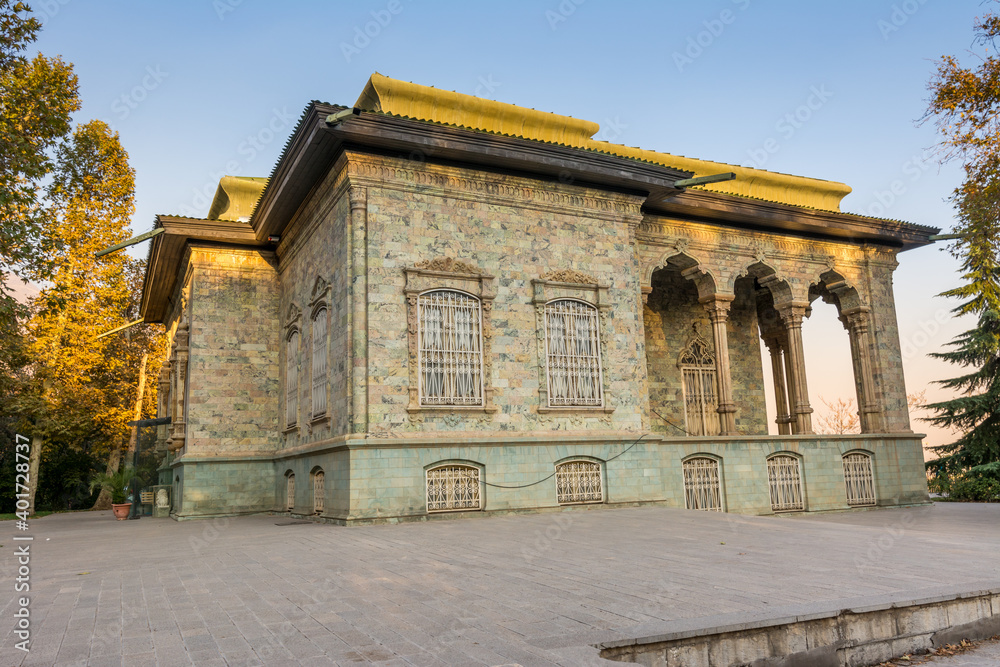Historic building of green palace (Shahvand House) of Iranian visitor walking in Sa'dabad palace Complex, built by the Qajar and Pahlavi monarchs
