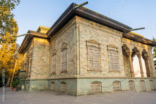 Historic building of green palace (Shahvand House) of Iranian visitor walking in Sa'dabad palace Complex, built by the Qajar and Pahlavi monarchs