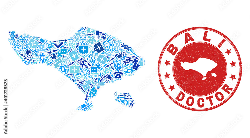 Vector mosaic Bali map with injection icons, receipt symbols, and grunge healthcare watermark. Red round imprint with corroded rubber texture and Bali map text and map.