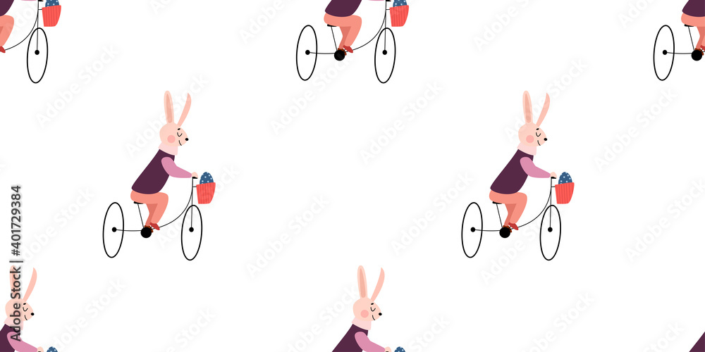 Seamless pattern with cute Easter rabbit on a bicycle with a gift egg in a basket Seamless pattern with cute Easter rabbit on a bicycle with a gift egg in a basket