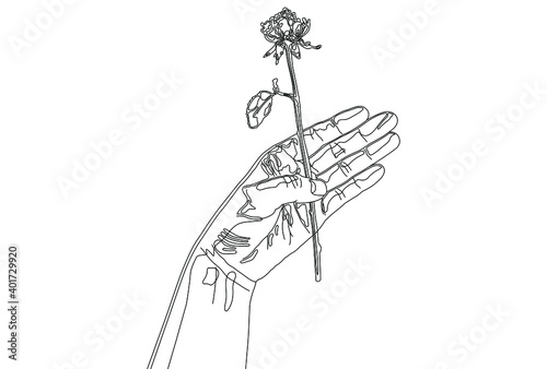 一輪の薔薇を持った手のシンプルな線画イラスト【はがきテンプレート】