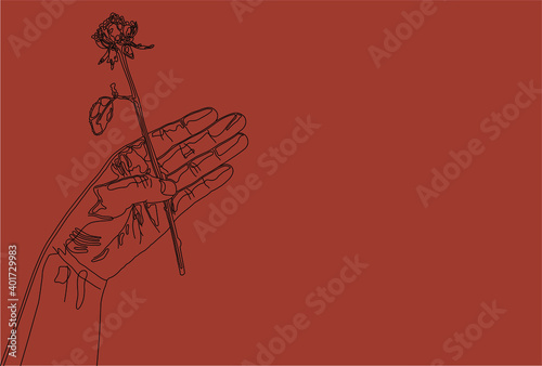 一輪の薔薇を持った手のシンプルな線画イラスト【はがきテンプレート】