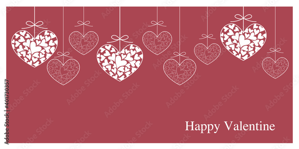 Naklejka premium Valentine Concept. Heart ornaments decorated card illustration. Decorative heart ornaments for greeting cards, web and banners. Vector illustration. バレンタインカードデザイン、バレンタインイラスト、ハートデザイン