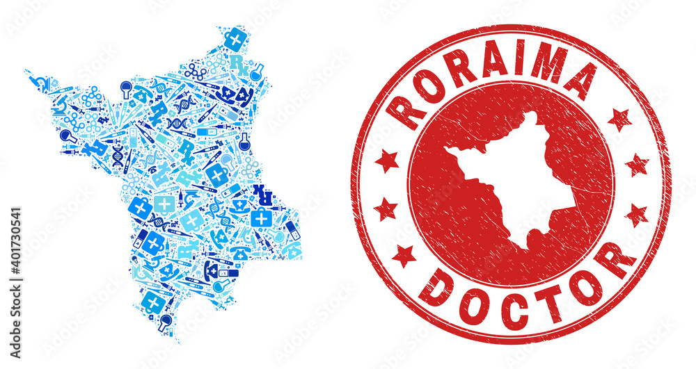 Vector mosaic Roraima State map of healthcare icons, medicine symbols, and grunge healthcare stamp. Red round stamp with grunge rubber texture and Roraima State map word and map. Vector mosaic Roraima State map of healthcare icons, medicine symbols, and grunge healthcare stamp. Red round stamp with grunge rubber texture and Roraima State map word and map.