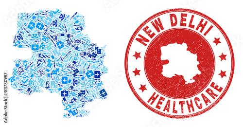 Vector mosaic New Delhi City map with injection icons, hospital symbols, and grunge health care watermark. Red round watermark with distress rubber texture and New Delhi City map tag and map.