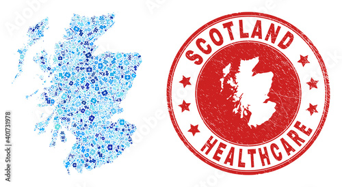 Vector collage Scotland map with dose icons, medicine symbols, and grunge healthcare seal stamp. Red round seal with unclean rubber texture and Scotland map word and map.