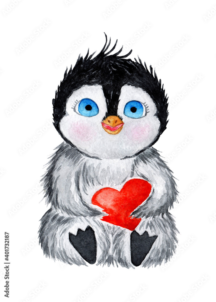 Watercolor illustration of a cute little penguin holding a red heart in his hands. Happy Valentine's Day, Wedding, romantic evening. Plush toy penguin with a heart. Isolated on white background. Watercolor illustration of a cute little penguin holding a red heart in his hands. Happy Valentine's Day, Wedding, romantic evening. Plush toy penguin with a heart. Isolated on white background.