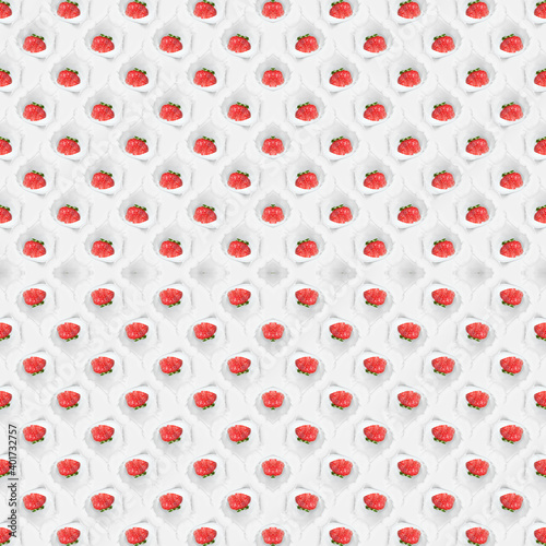 Ripe strawberries fall into the cream with a splash. Seamless background