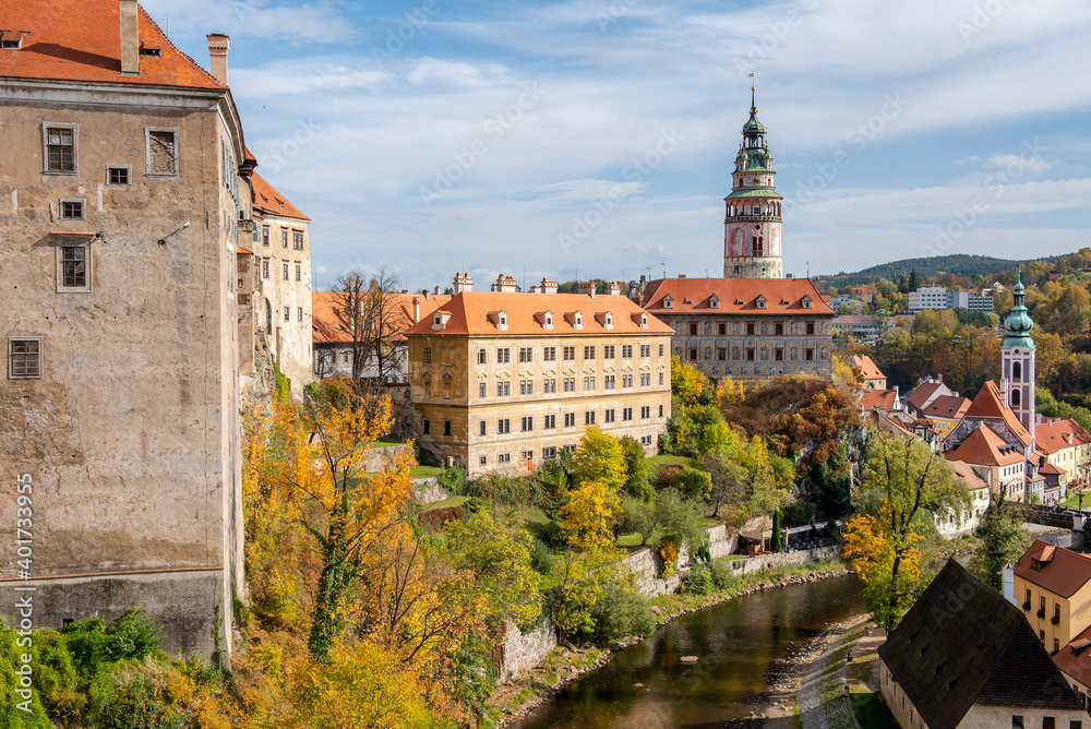 View of the medieval castle and tower in Cesky Krumlov in the Czech Republic