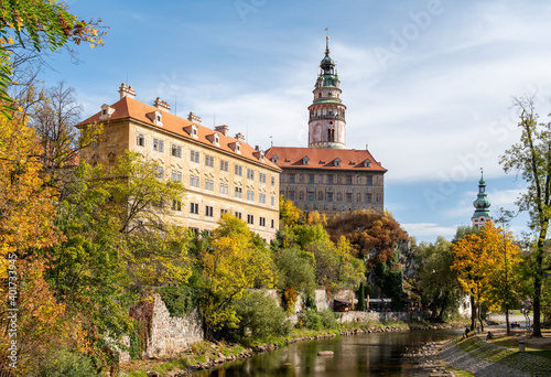 View of the medieval castle, tower and Vltava river in Cesky Krumlov in the Czech Republic