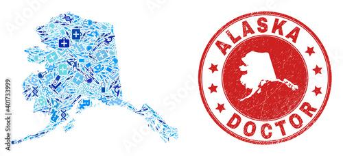 Vector collage Alaska map with dose icons, analysis symbols, and grunge health care seal stamp. Red round stamp with grunge rubber texture and Alaska map caption and map.