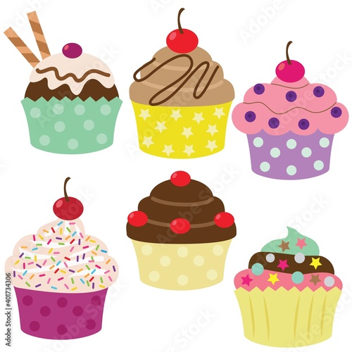 Sweet colorful party cupcakes vector cartoon illustration