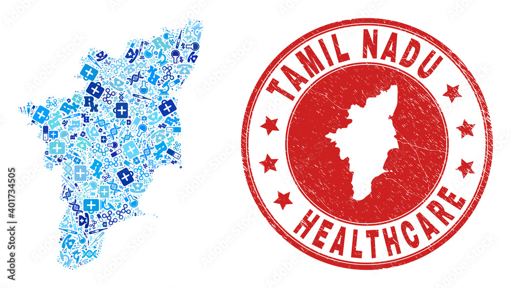 Vector collage Tamil Nadu State map with healthcare icons, receipt symbols, and grunge healthcare rubber imitation. Vector collage Tamil Nadu State map with healthcare icons, receipt symbols, and grunge healthcare rubber imitation.
