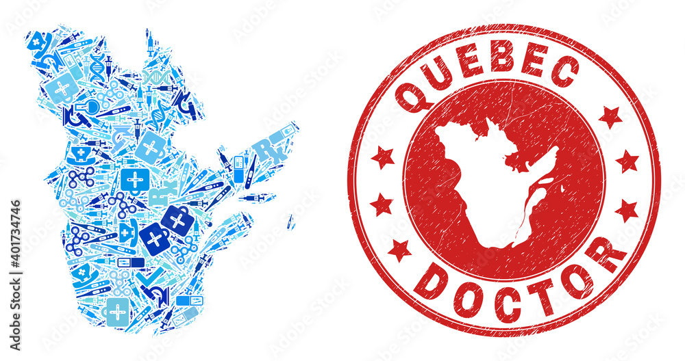 Vector collage Quebec Province map with healthcare icons, analysis symbols, and grunge healthcare imprint. Red round imprint with grunge rubber texture and Quebec Province map word and map. Vector collage Quebec Province map with healthcare icons, analysis symbols, and grunge healthcare imprint. Red round imprint with grunge rubber texture and Quebec Province map word and map.